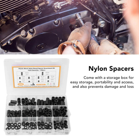 Nylon Spacers Assortment Kit With 150 Pieces For Electronics, PCBs And 3D Printing, Heat And Abrasion Resistant Standoffs, 10 Sizes From 3mm To 25mm, Comes In A Handy Storage Box. Open box with black nylon spacers and engine mounting use.