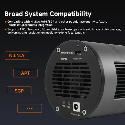 Cooled Color Astronomy Camera With IMX571 APS-C Sensor, USB Type-C 3.0 port, broad system compatibility features.