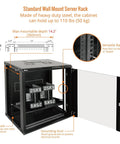 12U Wall Mount Server Cabinet With Lockable Glass Door And Side Panels Space-Saving, open view showing interior dimensions and structure
