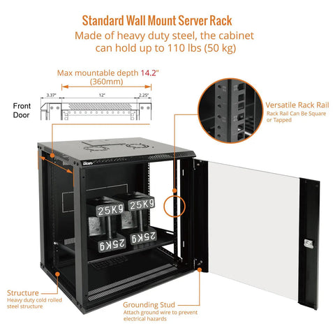 12U Wall Mount Server Cabinet With Lockable Glass Door And Side Panels Space-Saving, open view showing interior dimensions and structure