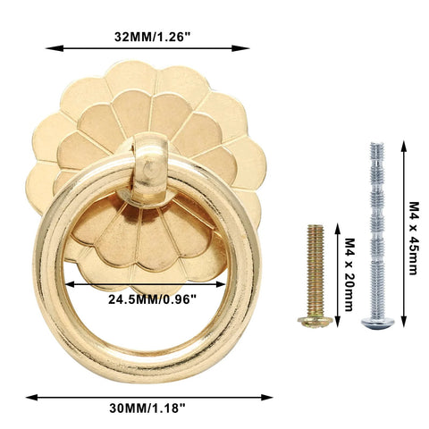 4 Pack Antique Brass Ring Pulls 30mm Diameter Vintage Gold Cabinet Hardware with flower shape knob, screws shown, dimensions labeled