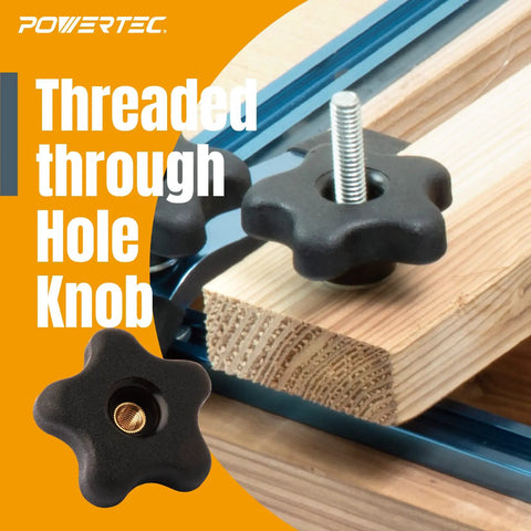 Universal 48 Inch T Track Kit With 17 Piece Hardware Set including threaded through hole knob on wooden workbench