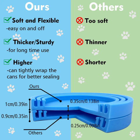 Comparison of dimensions for Universal Silicone Can Lids For Dog And Cat Food, 3 Pack With Spoon, highlighting thickness and flexibility