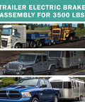 Trailer electric brake assembly (left side) for 3500 lb axle, 10 x 2.25 in; collage of trucks and trailers.