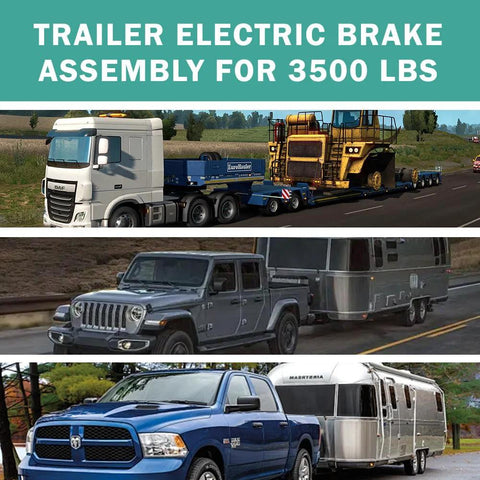 Trailer electric brake assembly (left side) for 3500 lb axle, 10 x 2.25 in; collage of trucks and trailers.