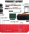 Bulletproof Aluminum Alloy Shelf Pin Jig With 11 Hole Template For Knocking Out Flawless Dowel Spacing On Built Tough Adjustable Woodworking Shelves layout with tools, storage bag, and measurements.