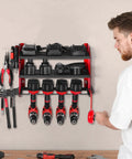 Wall Mounted Power Tool Organizer Three Tier Storage Rack With Four Drill Holders Side Pegboards And Hooks For Garage Workbench And Workshop Organization For Easy Access And Quick Grab Convenience."
