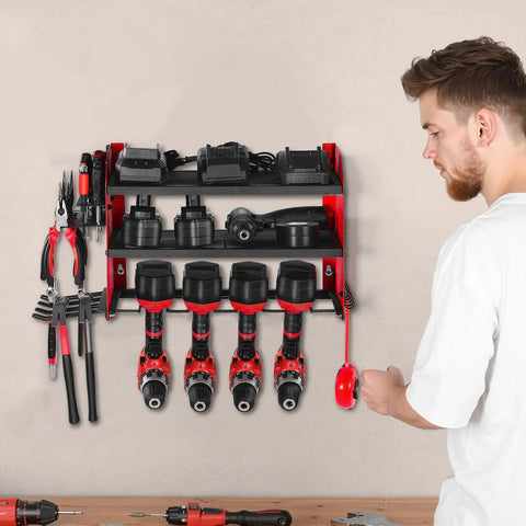 Wall Mounted Power Tool Organizer Three Tier Storage Rack With Four Drill Holders Side Pegboards And Hooks For Garage Workbench And Workshop Organization For Easy Access And Quick Grab Convenience."