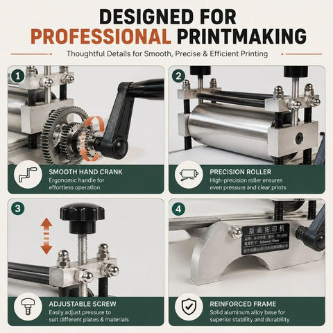 Beefed Up Steel Roller Frame Assembly For Manual Etching Press Desktop Flatbed Printing Stand With Plate Holder Durable Linoleum Printmaking Machine Accessory Stable Easy Setup Studio Press Gear, hand crank and roller detail