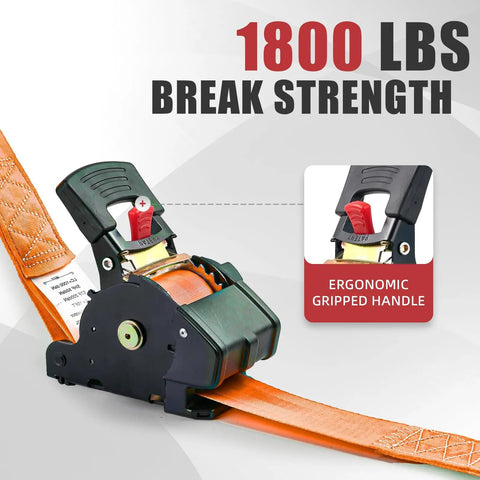 Kickass Grip Retractable Tie Down Straps With Smooth Butter Rewind For Zero Slap Back Mess One Inch By Ten Foot Haul Ready Cargo Belts showing ergonomic handle and orange strap.