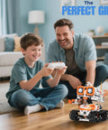 Father and son using 5-In-1 STEM Robotics Kit for Kids 6 Plus With Remote Or App Control Coding Robot on living room floor