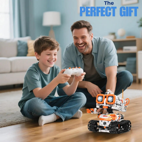 Father and son using 5-In-1 STEM Robotics Kit for Kids 6 Plus With Remote Or App Control Coding Robot on living room floor