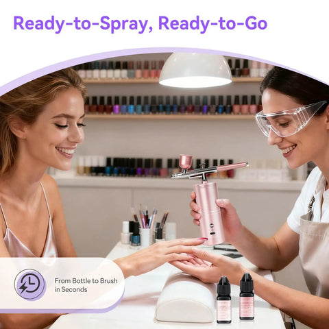Professional using airbrush on client's nails with 12 Color Airbrush Gel Nail Polish Set for Nails Art and DIY Mani at Home