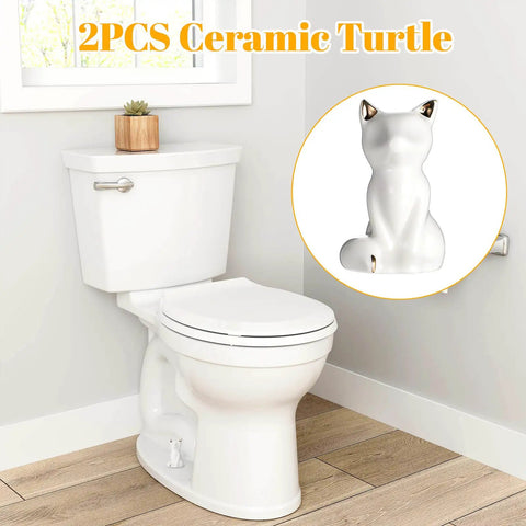 Set Of 2 Ceramic Cat Style Toilet Bolt Caps White Seat Screw Covers Heavy Duty Bathroom Hardware No Sweat Install Cute Decorative Anchor Caps For A Slick And Super Cozy Home Makeover on a toilet.