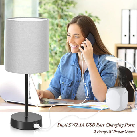 Two Pack 17.3 Inch Table Lamps With USB Ports And AC Outlet For Bedside Nightstands And Desks Or Living Rooms with woman