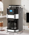 Fresh Ground Bean To Cup Drip Coffee Maker With Built In Auto Grinder, 16.81 inch tall, with LED touchscreen and glass carafe.