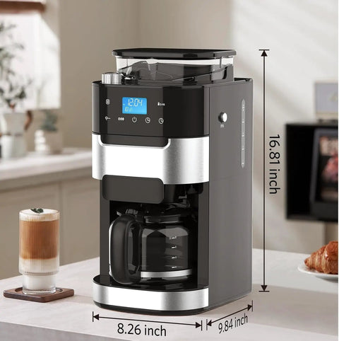 Fresh Ground Bean To Cup Drip Coffee Maker With Built In Auto Grinder, 16.81 inch tall, with LED touchscreen and glass carafe.
