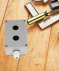 Metal Push Button Control Box With Emergency Stop Cover For Industrial Outdoor Use 2 Hole Cast Aluminum Switch Enclosure Rugged Weatherproof Design Easy Install Built To Last In Harsh Environments, gray 2-hole box