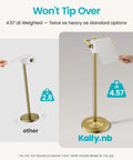 Heavy Duty Freestanding Toilet Paper Holder Stand In Matte Gold Frame with weighted base, 4.57 lbs for stability.