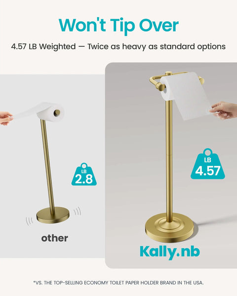 Heavy Duty Freestanding Toilet Paper Holder Stand In Matte Gold Frame with weighted base, 4.57 lbs for stability.