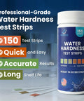 Fast 30 Second Water Hardness Test Strips For Home Use, 150 Strips bottle showing quick and accurate results, strips laid out.