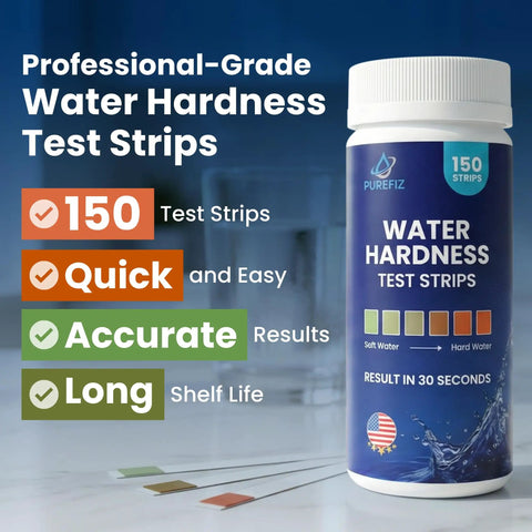 Fast 30 Second Water Hardness Test Strips For Home Use, 150 Strips bottle showing quick and accurate results, strips laid out.