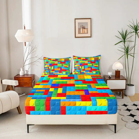 Colorful Brick Pattern Twin Size Fitted Sheet Set With Pillowcase For Kids Teens And Adults Geometric Patchwork Bedding In Soft Microfiber Material For A Dope Chic Modern Bedroom Vibe, twin bed in room