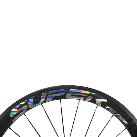 Close-up of 50mm Carbon Clincher Wheelset for 700c Road Bikes with silver decal and spokes visible, aero performance design.