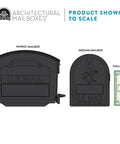 Diagram comparing sizes of black large capacity plastic post mount mailbox for outdoor use, weatherproof and rustproof, USPS compatible.