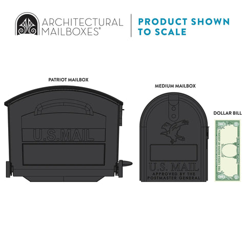 Diagram comparing sizes of black large capacity plastic post mount mailbox for outdoor use, weatherproof and rustproof, USPS compatible.