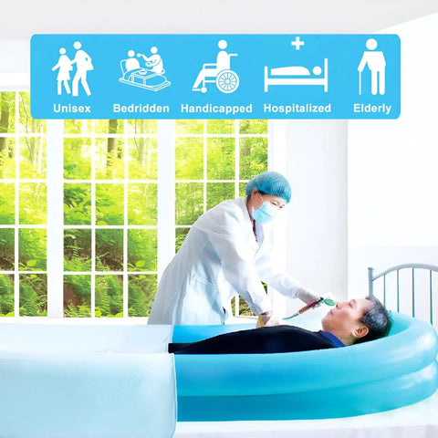 Portable Air Inflatable Bath Tub for Bedridden Patients with Bedside Shower Bag and Electric Air Pump All In One No Fuss Caregiver Kit for Hassle Free Full Body Bathing Comfy Safe Top Shelf Experience in use, caregiver assisting patient.