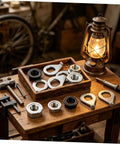 Beefed Up Heavy Duty Bicycle Wheel Axle Nut Kit With Carbon Steel Nuts And Anti Rotation Tab Washers For Mountain And Road Bikes Secure Retention Hardware To Prevent Loosening During Rough Rides. Carbon steel bike axle nuts and washers on wooden table