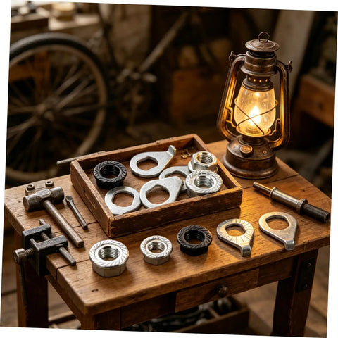 Beefed Up Heavy Duty Bicycle Wheel Axle Nut Kit With Carbon Steel Nuts And Anti Rotation Tab Washers For Mountain And Road Bikes Secure Retention Hardware To Prevent Loosening During Rough Rides. Carbon steel bike axle nuts and washers on wooden table