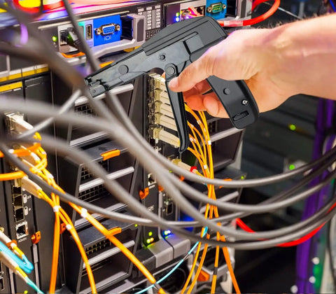 Hand using Stainless Steel Cable Tie Gun With Ergonomic Grip Heavy Duty Zip Tie Tool in a server room for cable management.