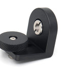 Mini Right Angle L-Shape Bracket Mount Plate Kit With 3/8-16 And 1/4-20 Screws showing black aluminum base with threaded mount.