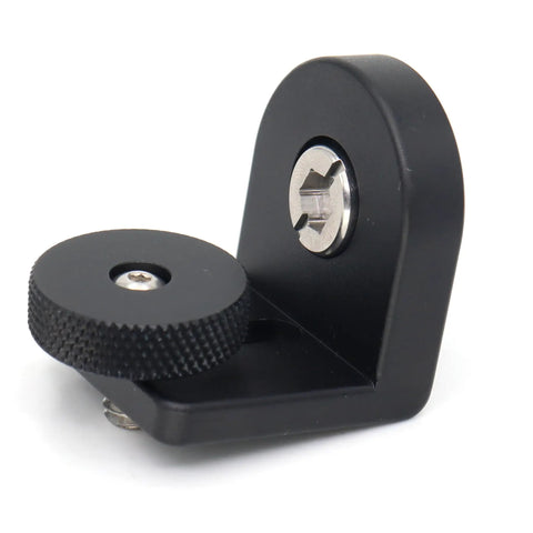 Mini Right Angle L-Shape Bracket Mount Plate Kit With 3/8-16 And 1/4-20 Screws showing black aluminum base with threaded mount.