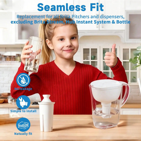 Child smiling with a Brita pitcher using Six Pack Water Filter Replacement For Brita Pitchers And Dispensers Compatible With Classic
