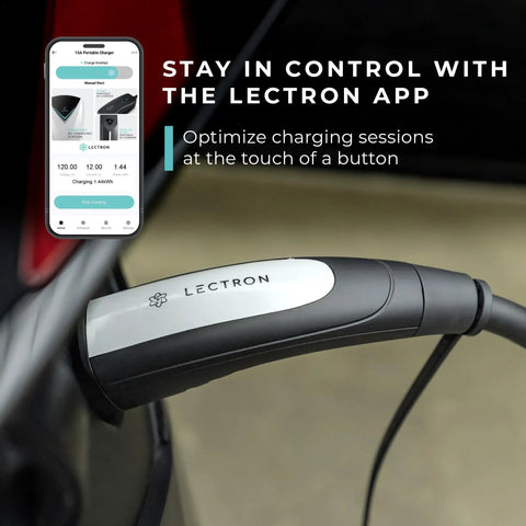Level 1 Smart EV Charger With WiFi And App Control, 12 Amp, 120V Portable Home Charger With NEMA 5-15 Plug next to smartphone