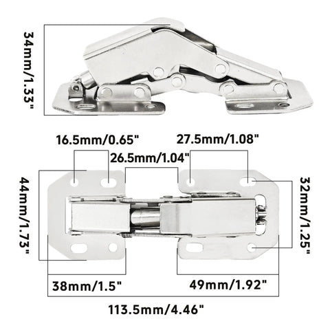 Diagram of Two Pack No Slam Soft Close Hidden Spring Hinges, 90 Degree Brushed Nickel Frameless Concealed Cabinet Hinges with measurements