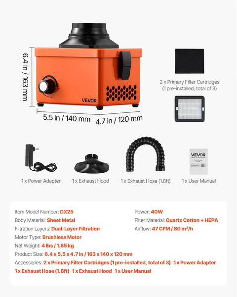 Solder Fume Extractor With 40W Brushless Motor, Two Stage Filters, Adjustable Airflow, 80 M3/H Suction, Compact Desktop Smoke Absorber product details.