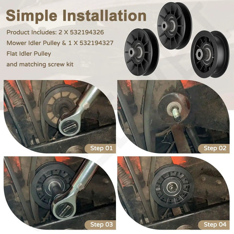 Installation steps for 532194326 V Groove Idler Pulley And 532194327 Flat Idler Pulley Kit for riding lawn mowers