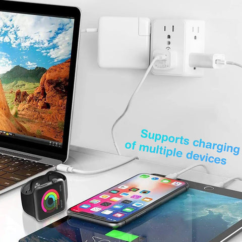Six Outlet Wall Tap Extender With Surge Protector 900J Three Side Wide Spaced Power Strip Mountable charging devices.