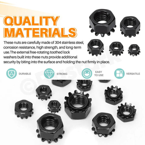 Must Have Keps Lock Nut Kit 75Pcs 8 Sizes 304 Stainless Steel With External Tooth Washers Black Hex Nuts variety display