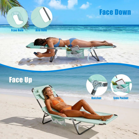 Reclining Beach Lounge Chair With Flat Lay Sunbathing Position, Folding Camping Cot With Backpack Straps, Portable Outdoor Chair for Beach or Picnic, Lawn, Side Pockets for Drinks and Gear, shown on the beach in face up and face down positions.