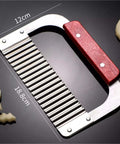 Front view of SPXTOM handhold crinkle cutter with stainless steel wavy blade and red wooden handle, 18.8 cm long