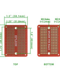 Dimensions and hole sizes of red solderable breadboard PCB set with gold-plated contacts for DIY electronics projects, shown top and bottom.