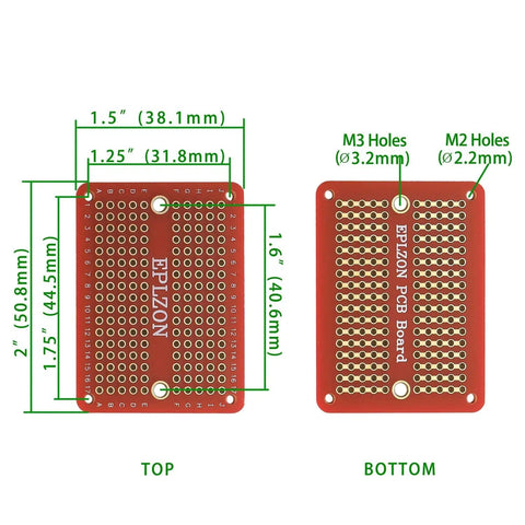 Dimensions and hole sizes of red solderable breadboard PCB set with gold-plated contacts for DIY electronics projects, shown top and bottom.