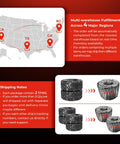 Map showing distribution centers for ATV UTV tires and shipping details with images of packaged tire sets.