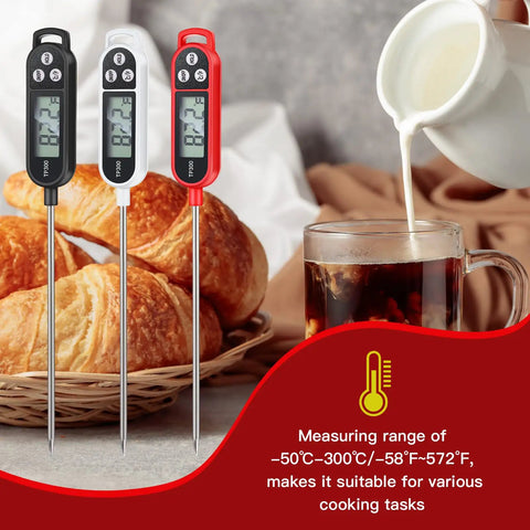 Six Pack Instant Read Meat Thermometers With Long Probes Waterproof Digital Thermometer for BBQ next to croissants and coffee