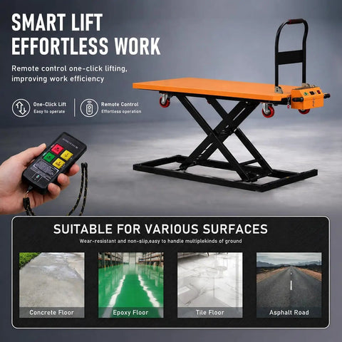 Rock Solid Electric Scissor Lift Table Cart With 660 Lb Capacity And 47 Inch Platform Height showing remote control features.